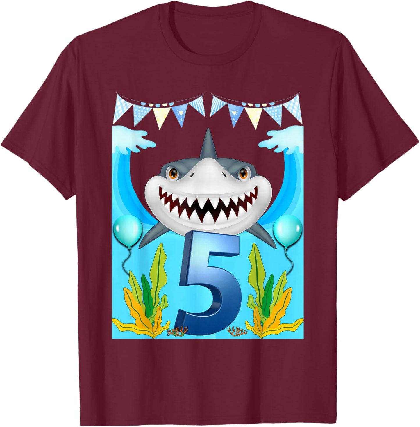 5th Birthday Boys Shark 5 Years Old Boys Ocean Sharks B-Day T-Shirt - T-Shirt | Maroon