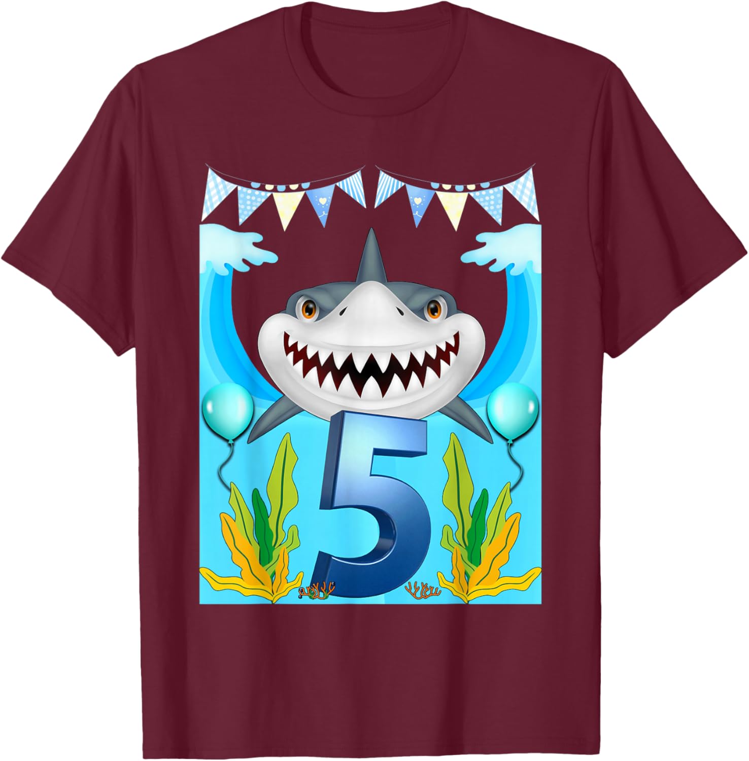 5th Birthday Boys Shark 5 Years Old Boys Ocean Sharks B-Day T-Shirt - T-Shirt | Maroon