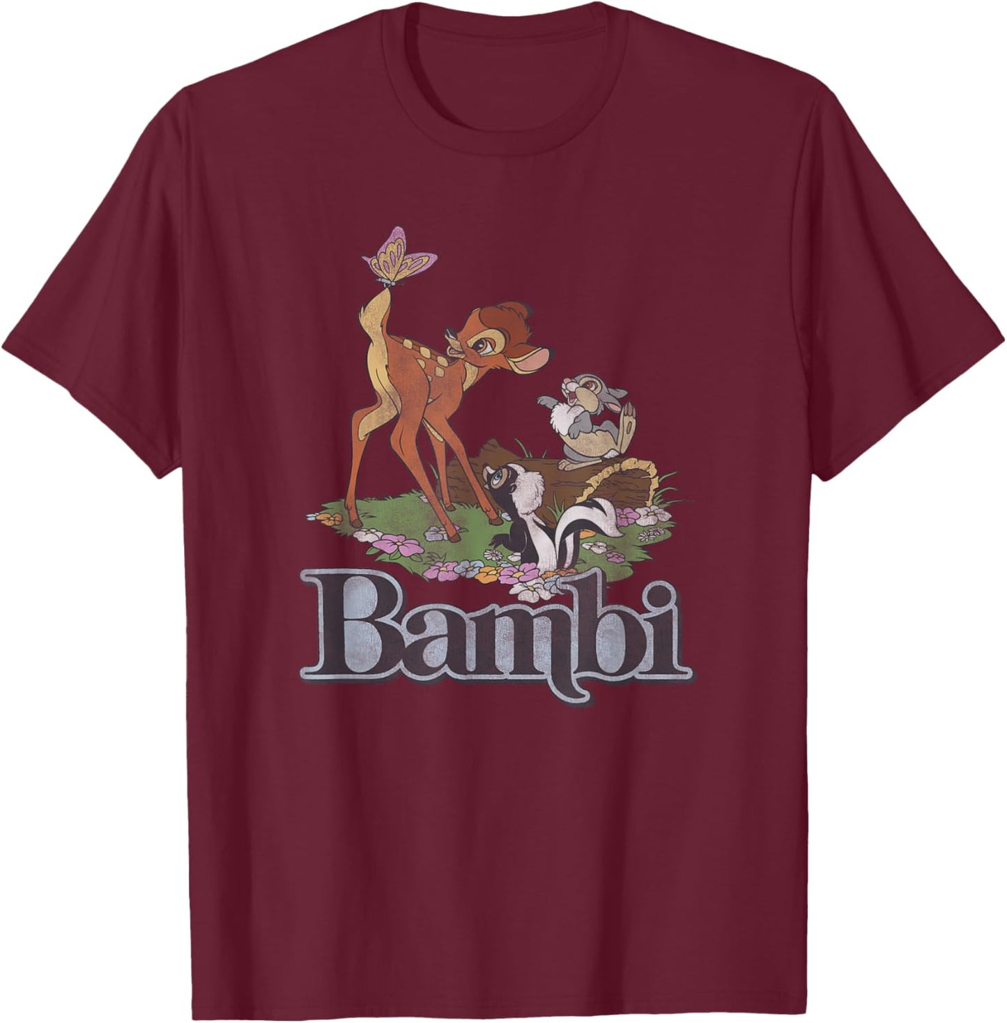 Disney Bambi Vintage Group Floral Poster T-Shirt - T-Shirt | Maroon