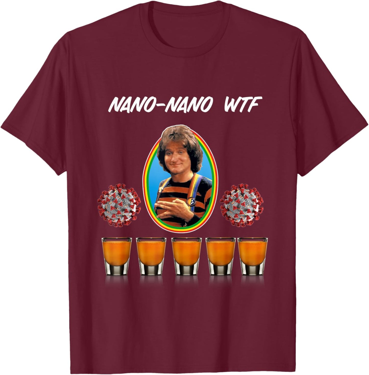 Funny Mork Drinking Shots 80s Mindy Sarcasm Novelty T-Shirt - T-Shirt | Maroon