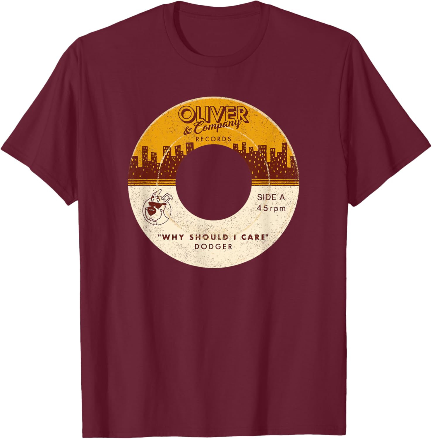 Disney Oliver & Company Records "Why Should I Care" Dodger T-Shirt - T-Shirt | Maroon
