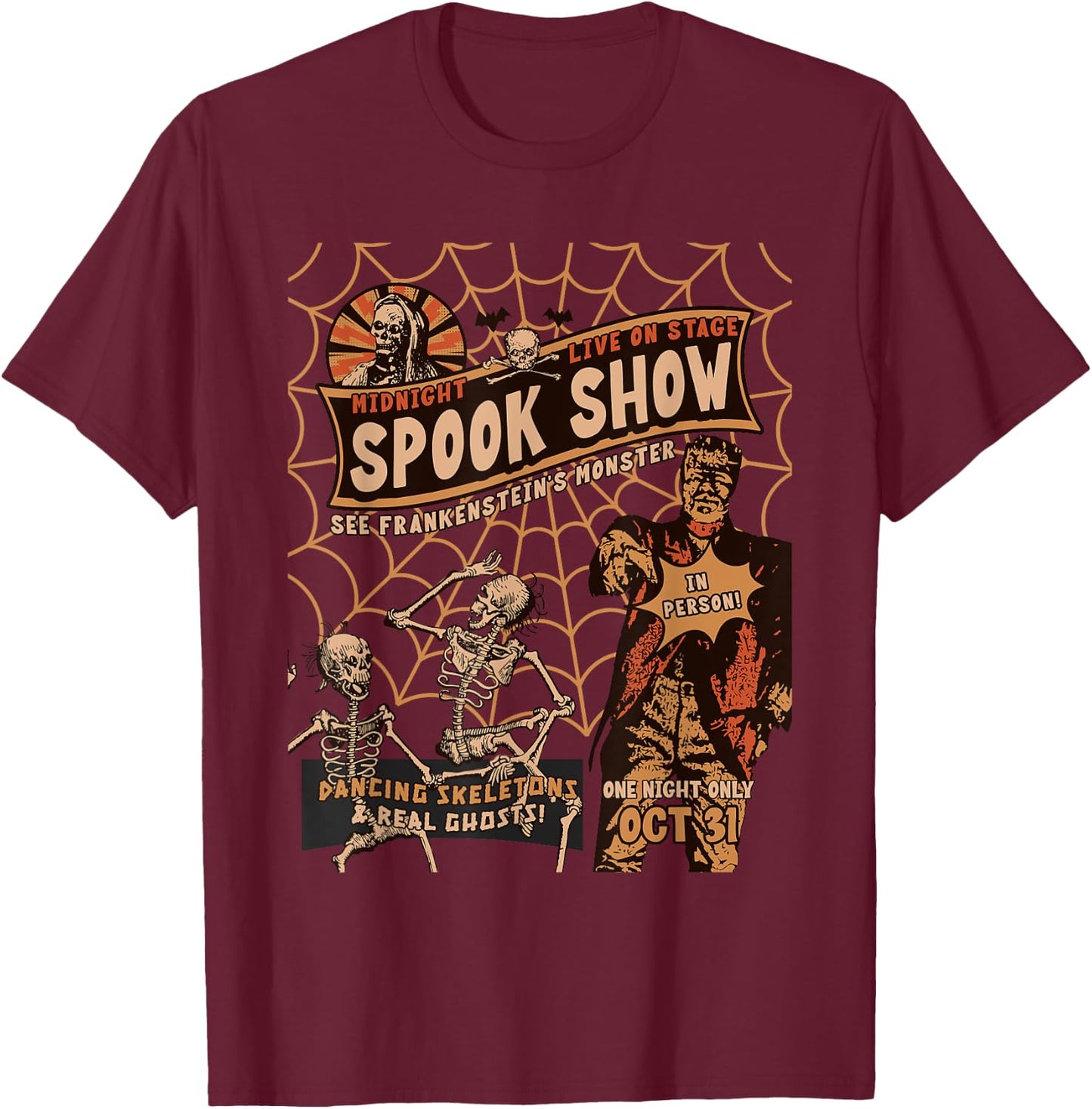 Retro Halloween Skeleton Horror Monster Midnight Spook Night T-Shirt - T-Shirt | Maroon