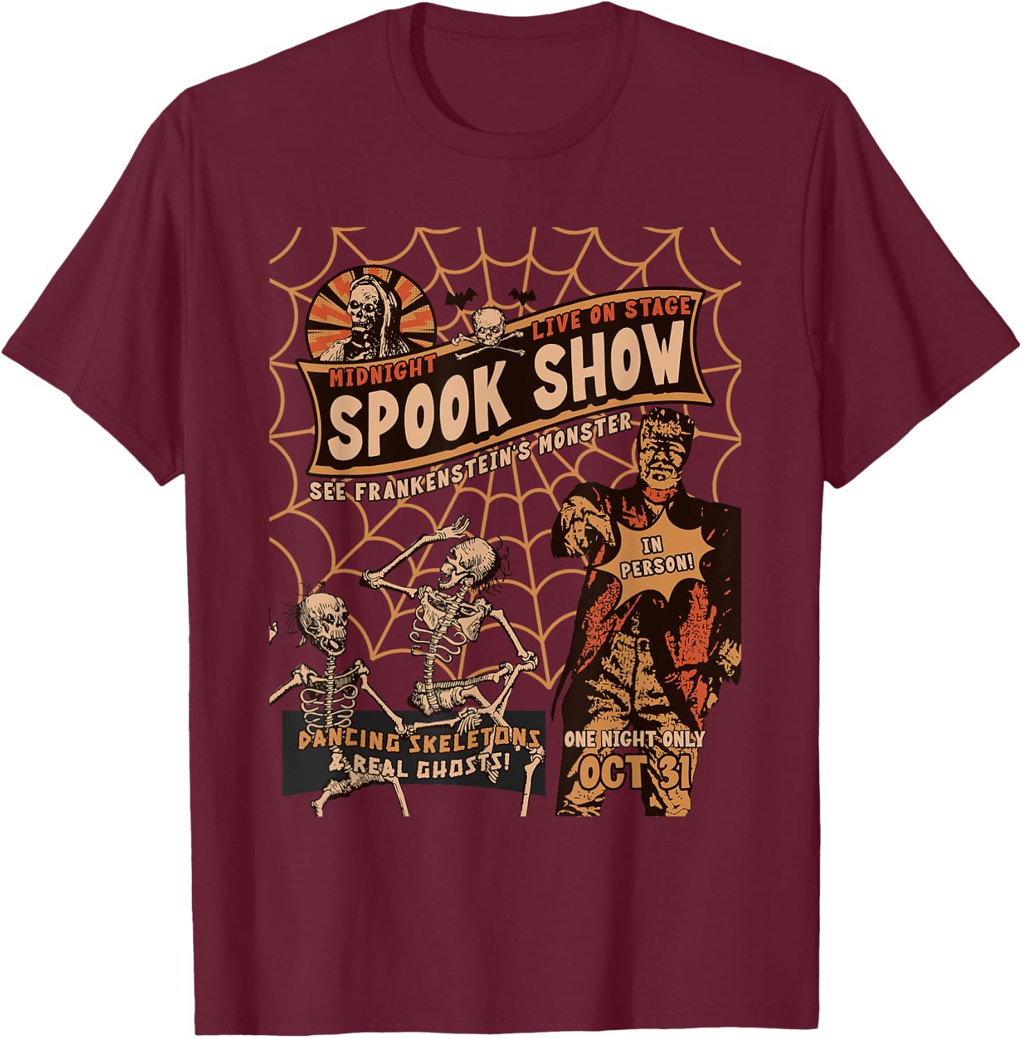 Retro Halloween Skeleton Horror Monster Midnight Spook Night T-Shirt - T-Shirt | Maroon