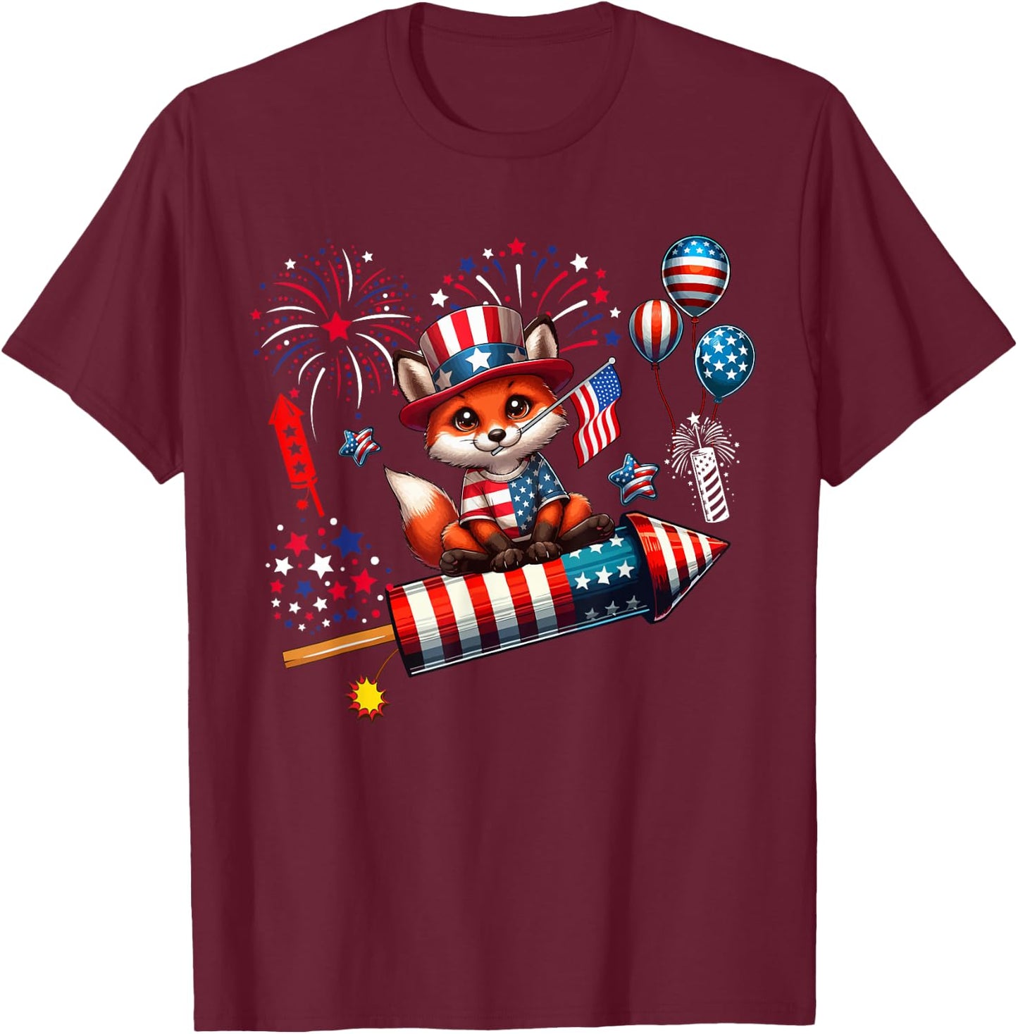 Fox Riding Firecracker US Flag 4th Of July Fireworks T-Shirt - T-Shirt | Maroon