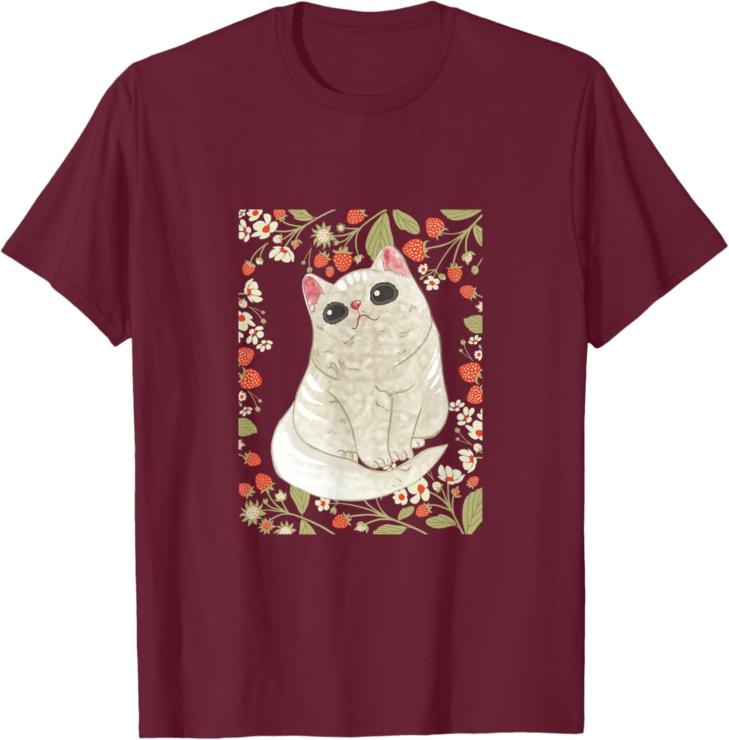 Cute Cat with Strawberry and Flower T-Shirt - T-Shirt | Maroon