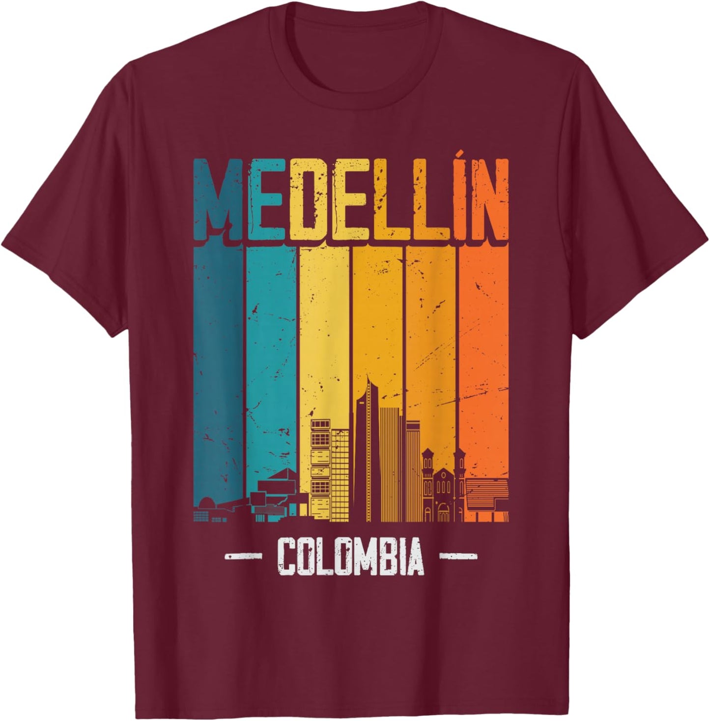 Medellin Colombia Retro Vintage Sunset Skyline Medellin T-Shirt - T-Shirt | Maroon