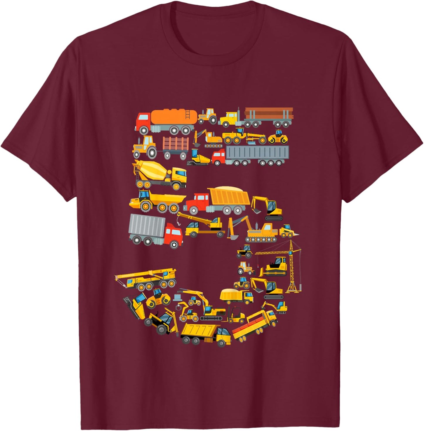5th Birthday Boy Construction Excavator Vehicles 5 Years T-Shirt - T-Shirt | Maroon