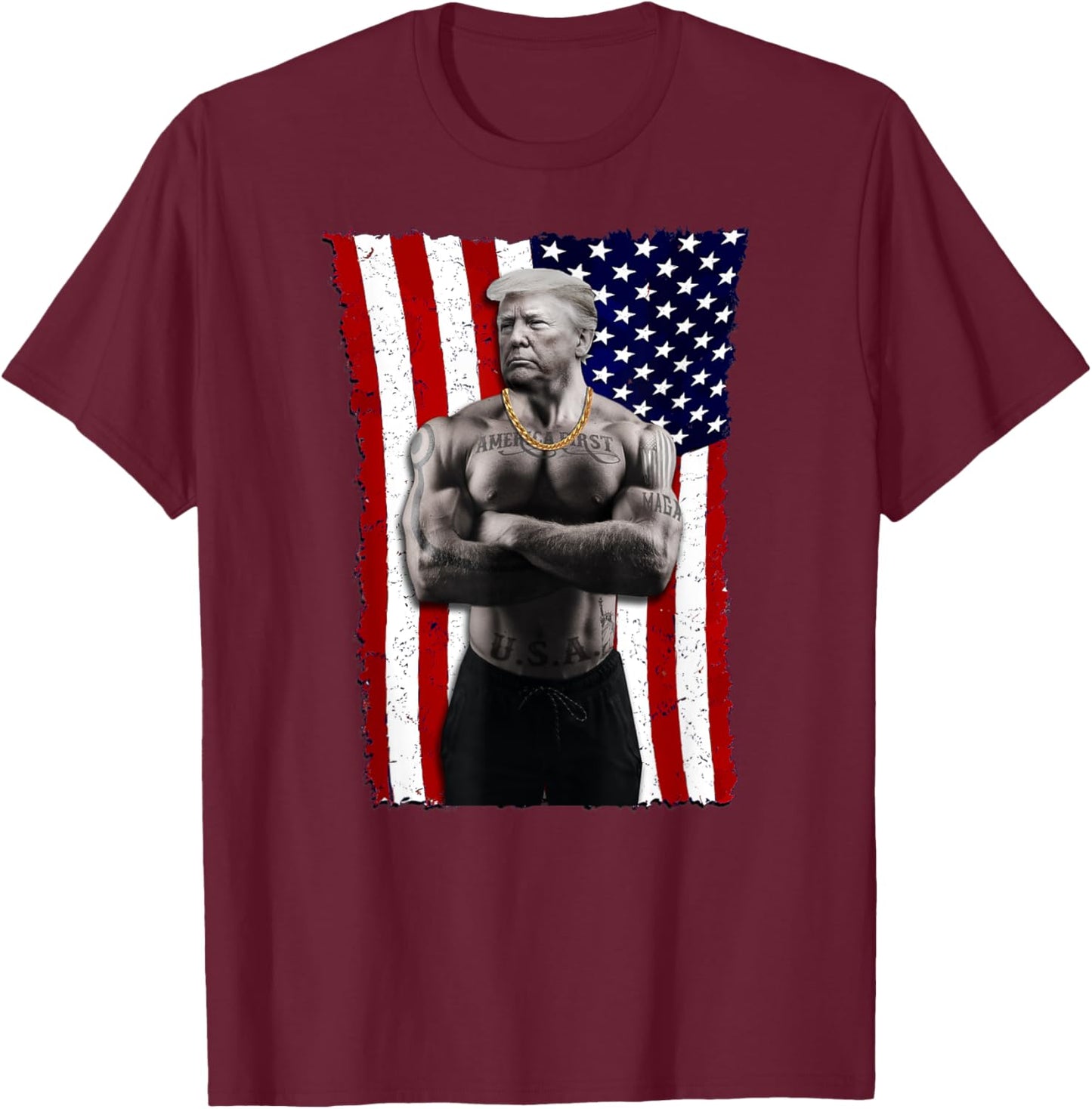 Gangster Pro Donald Trump Tattoo Republican American Flag v4 T-Shirt - T-Shirt | Maroon