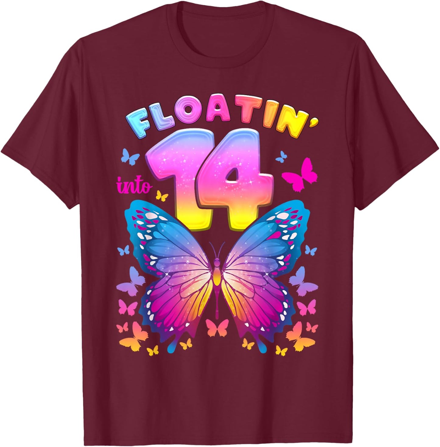 14th Birthday Girl 14 Years Butterfly Number 14 T-Shirt - T-Shirt | Maroon