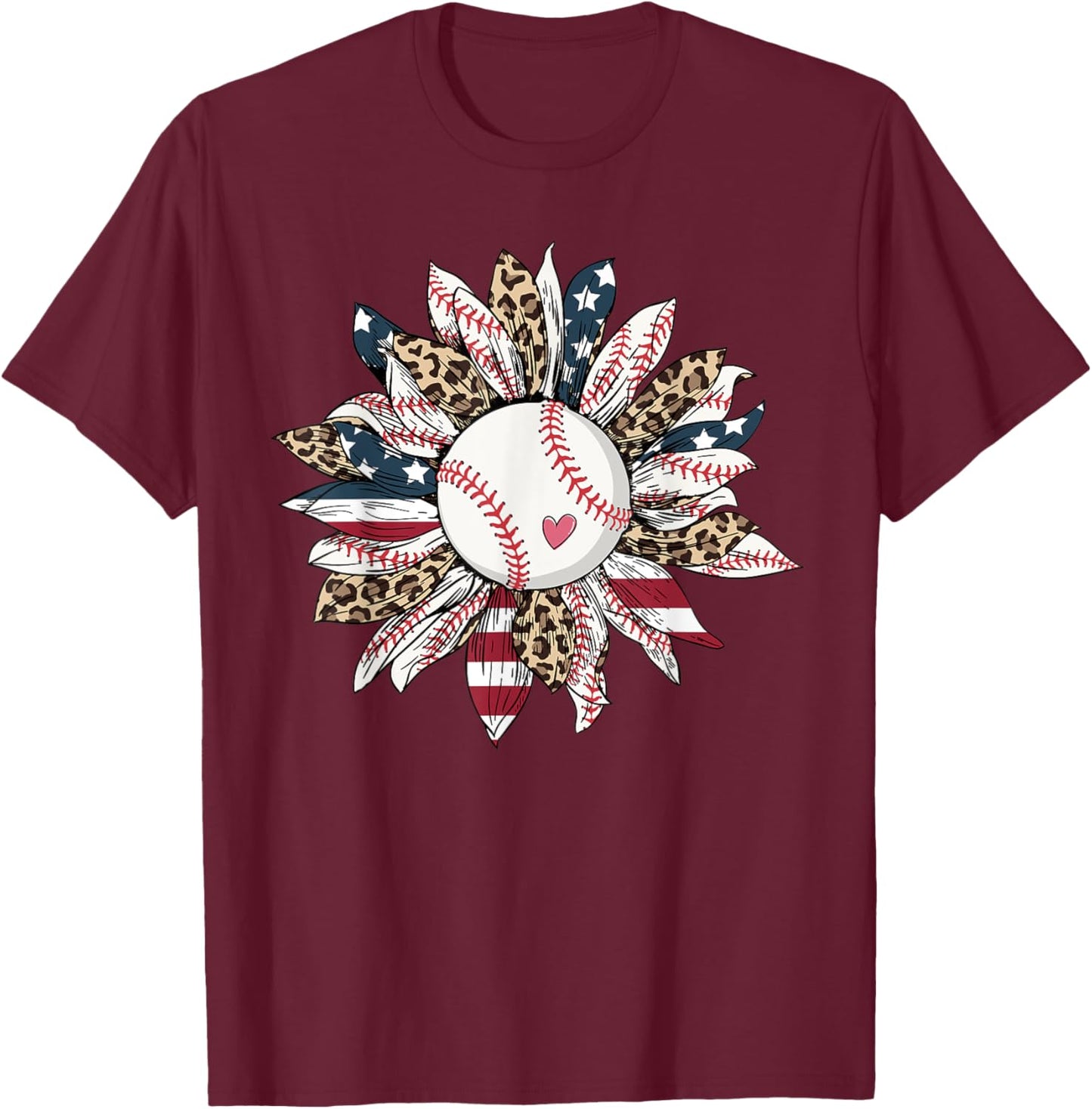 Baseball American Flag Leopard Sunflower Graphic 4th of July T-Shirt - T-Shirt | Maroon