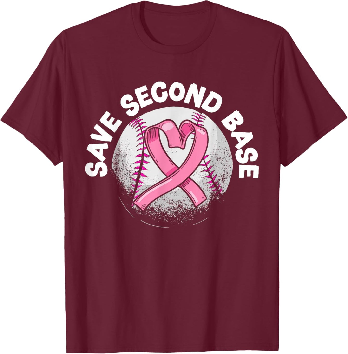 Save 2nd Base Baseball Player Breast Cancer Awareness T-Shirt - T-Shirt | Maroon