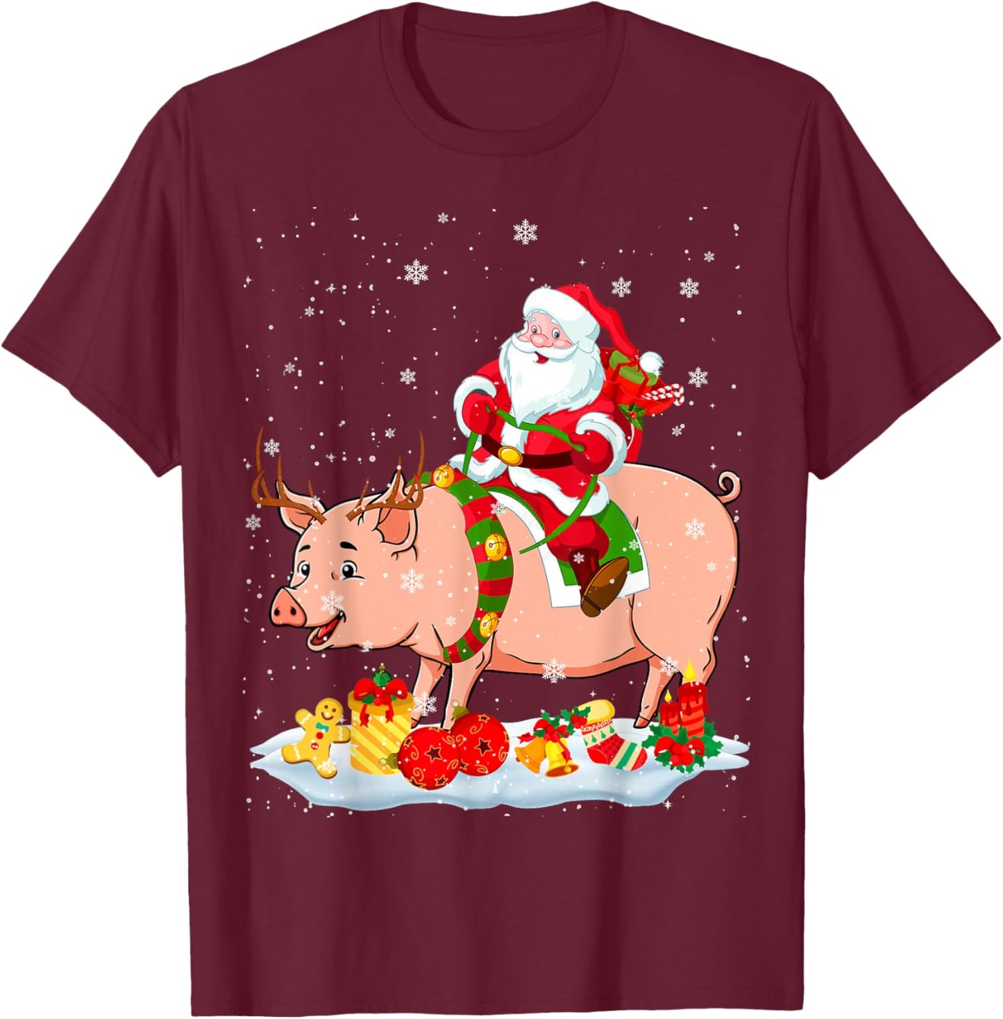 Santa Riding Reindeer Pig Xmas Pig Farmer Lover T-Shirt - T-Shirt | Maroon