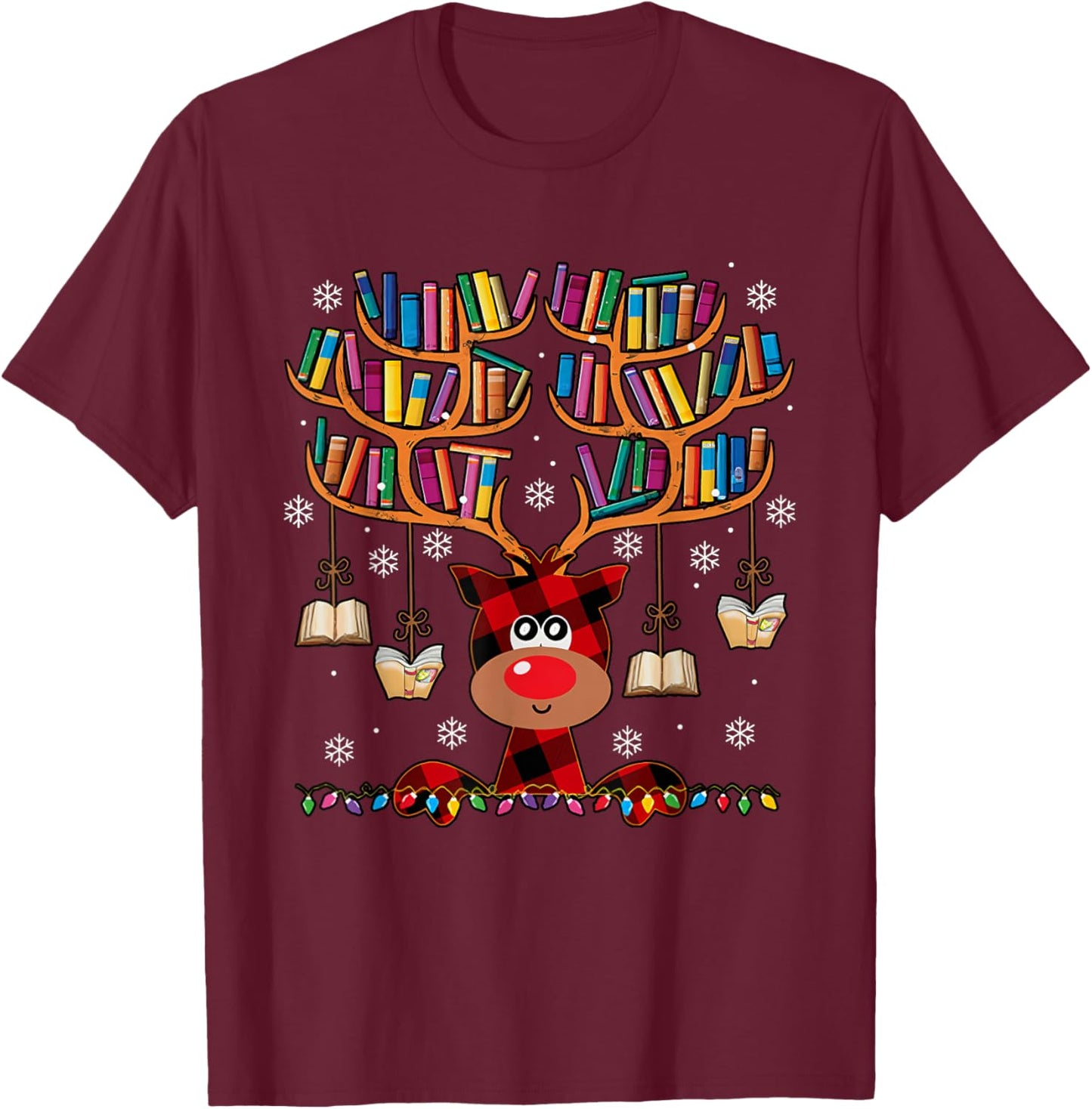 Christmas Librarian Reindeer Matching Family Book Lover Xmas T-Shirt - T-Shirt | Maroon