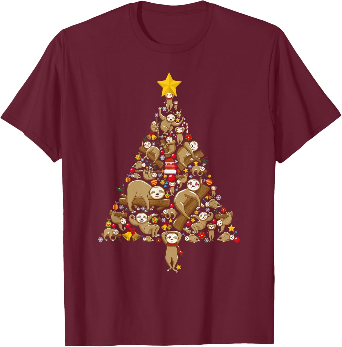 Funny Sloth Christmas Tree Lazy Animal Xmas Women Men Kids T-Shirt - T-Shirt | Maroon