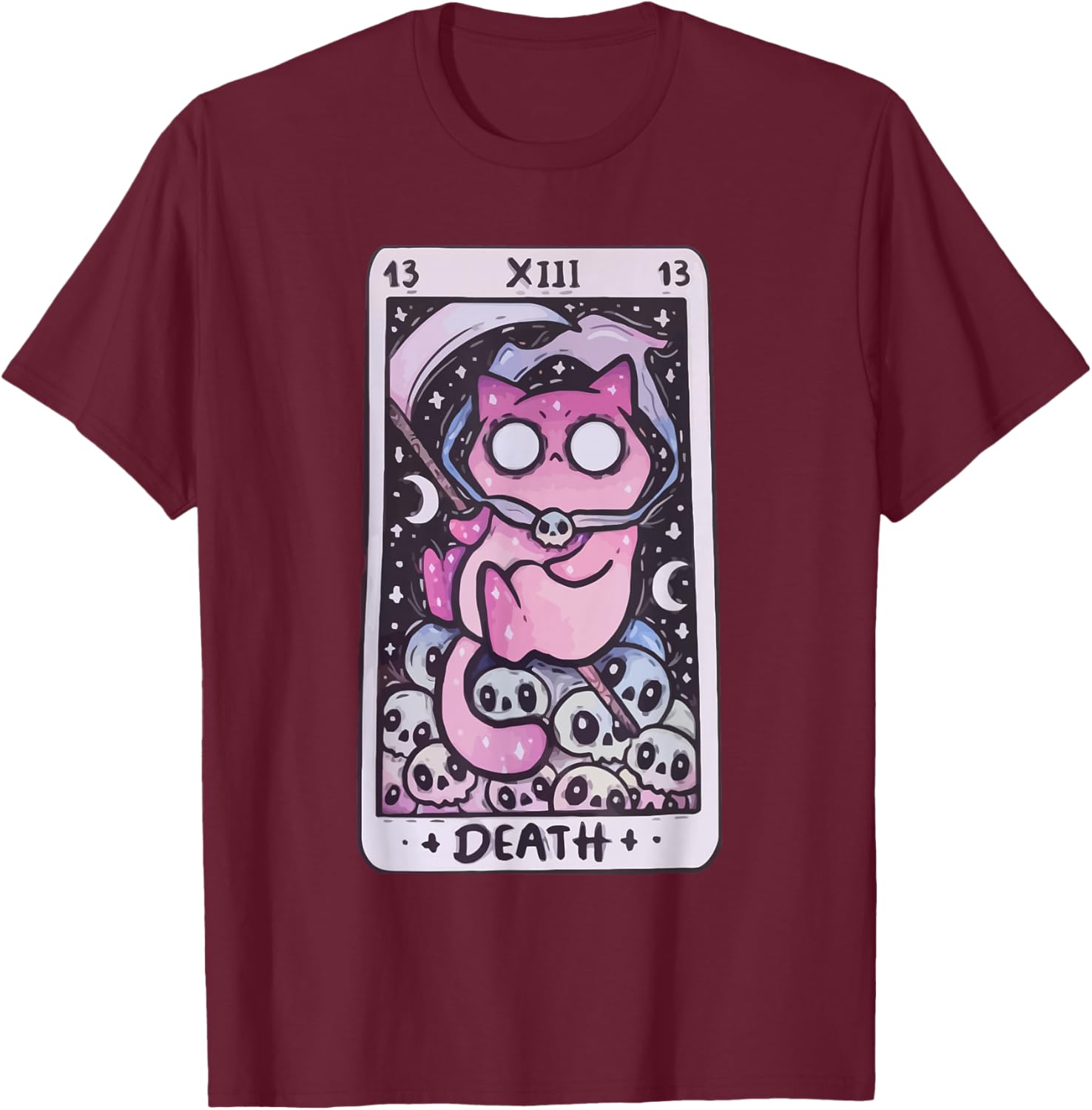 Kawaii Pastel Goth Art the Death Tarot Cute Cat Creepy Art T-Shirt - T-Shirt | Maroon