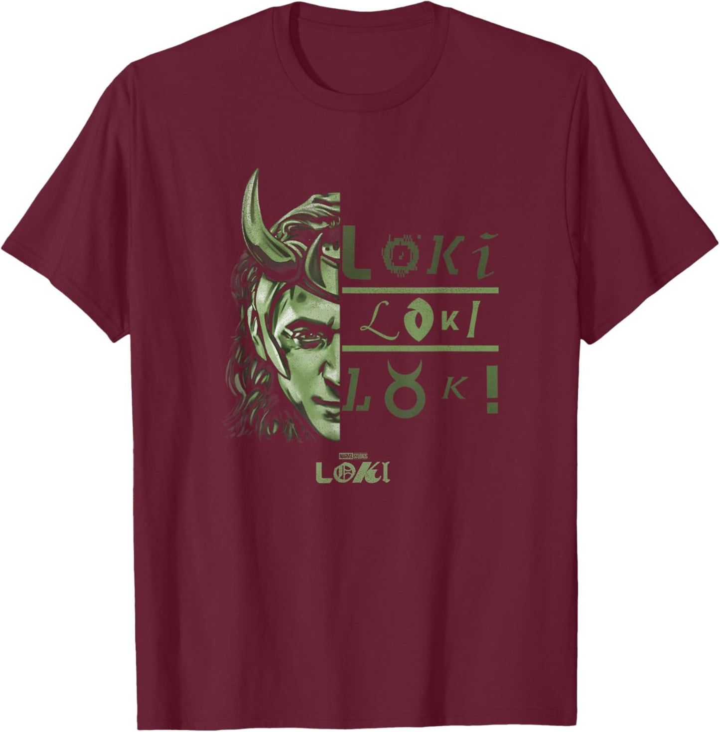Marvel Loki Split Face Loki Logo Stack T-Shirt - T-Shirt | Maroon