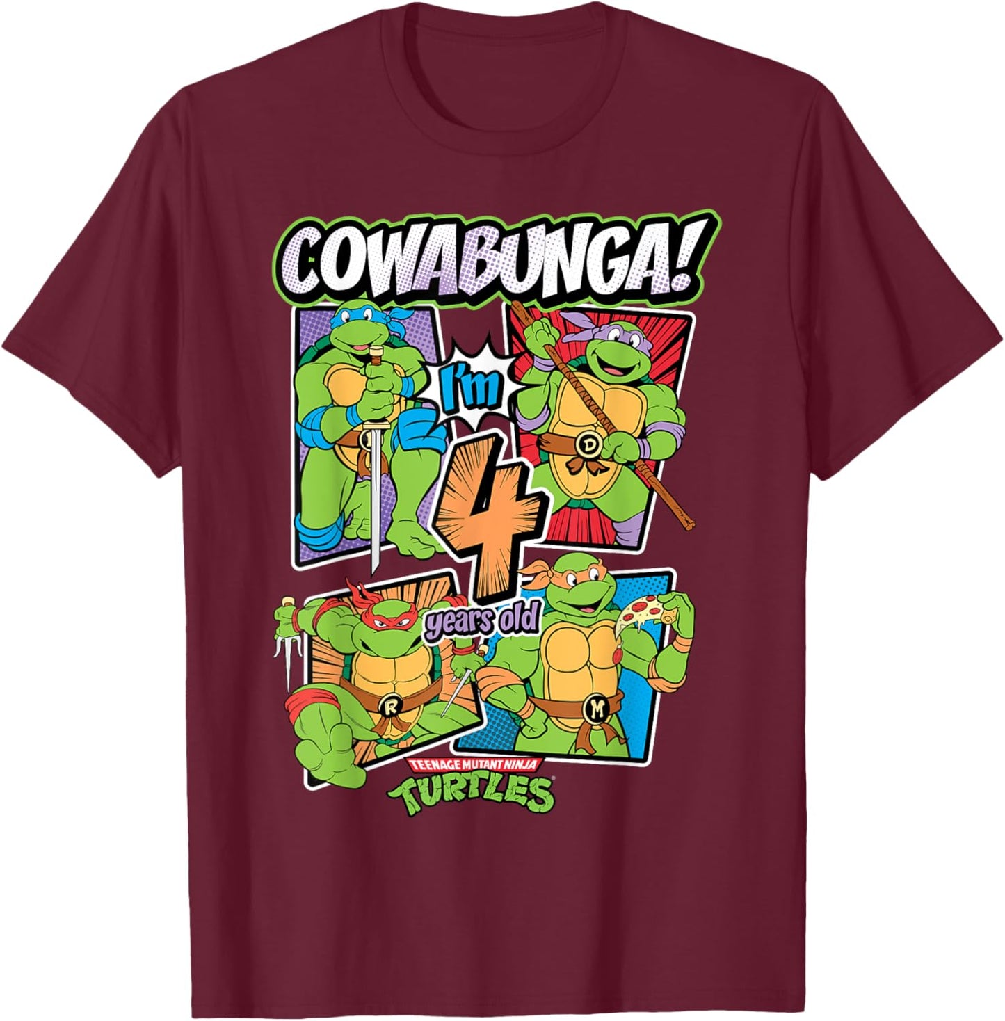 Mademark x Teenage Mutant Ninja Turtles - Cowabunga I'm 4 Years Old Teenage Mutant Ninja Turtles T-Shirt - T-Shirt | Maroon