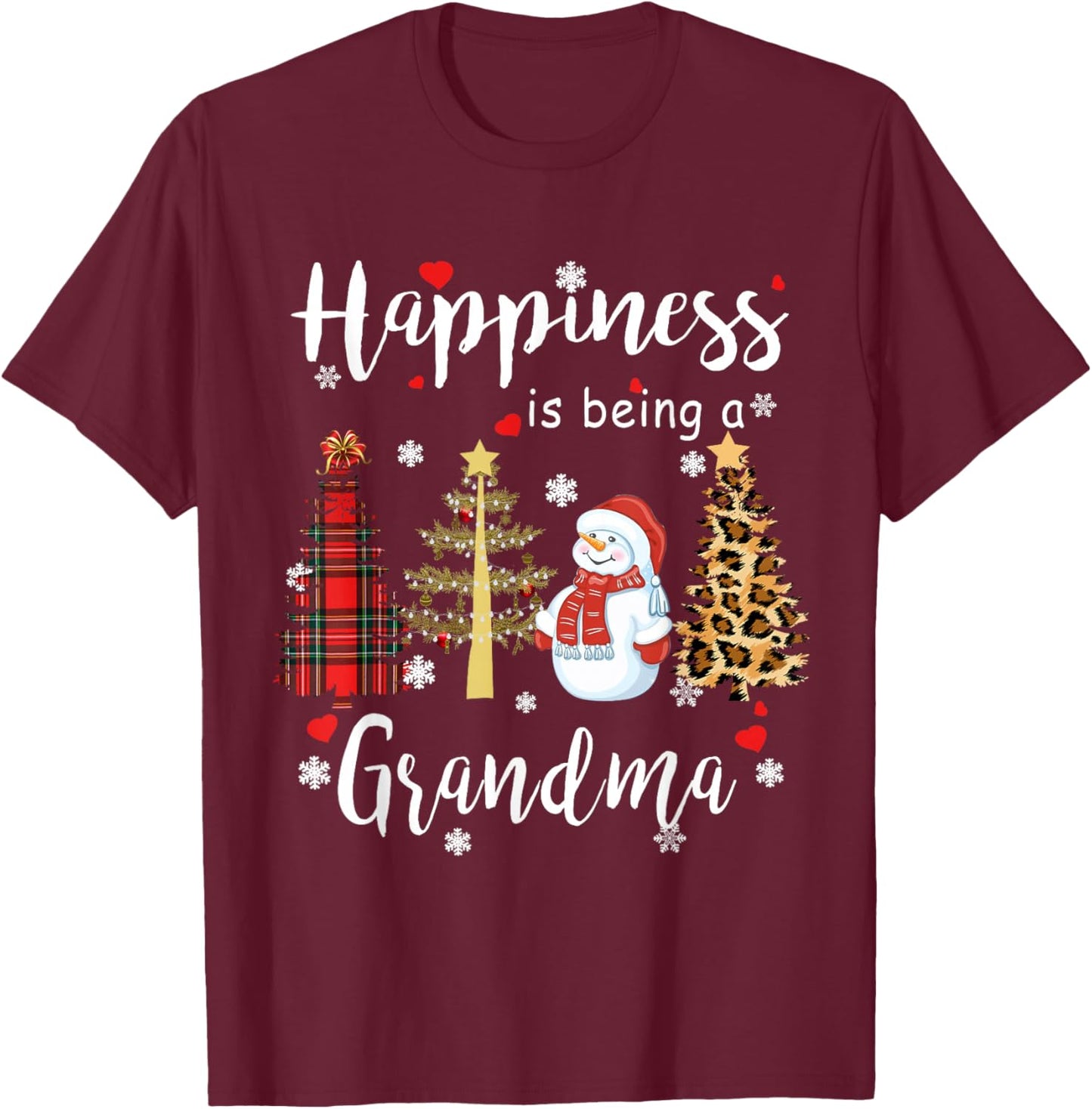 Happiness is being a Grandma Christmas Plaid Tree Snowman T-Shirt - T-Shirt | Maroon