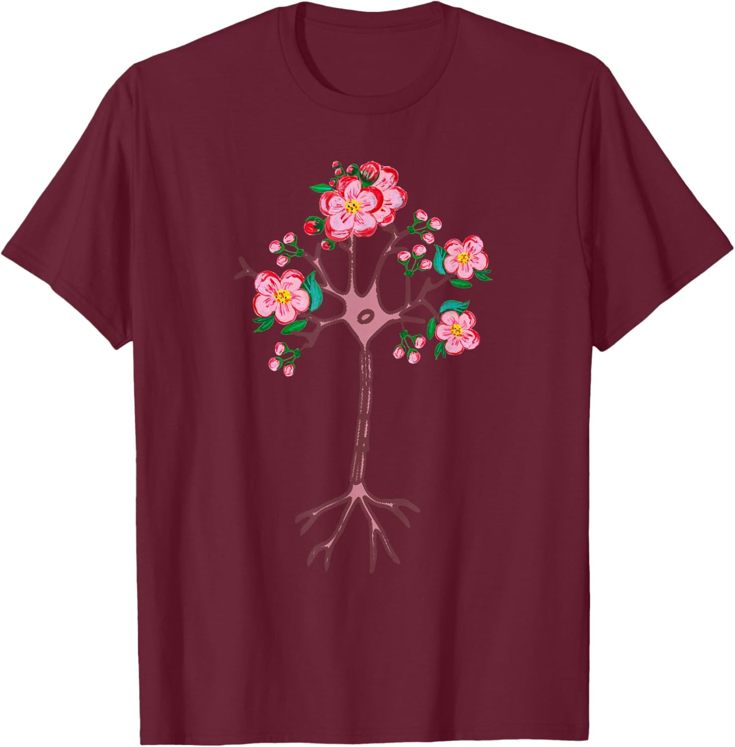 Neuron Brain Nerve Cell Floral Flower Tree Art Neuroscience T-Shirt - T-Shirt | Maroon