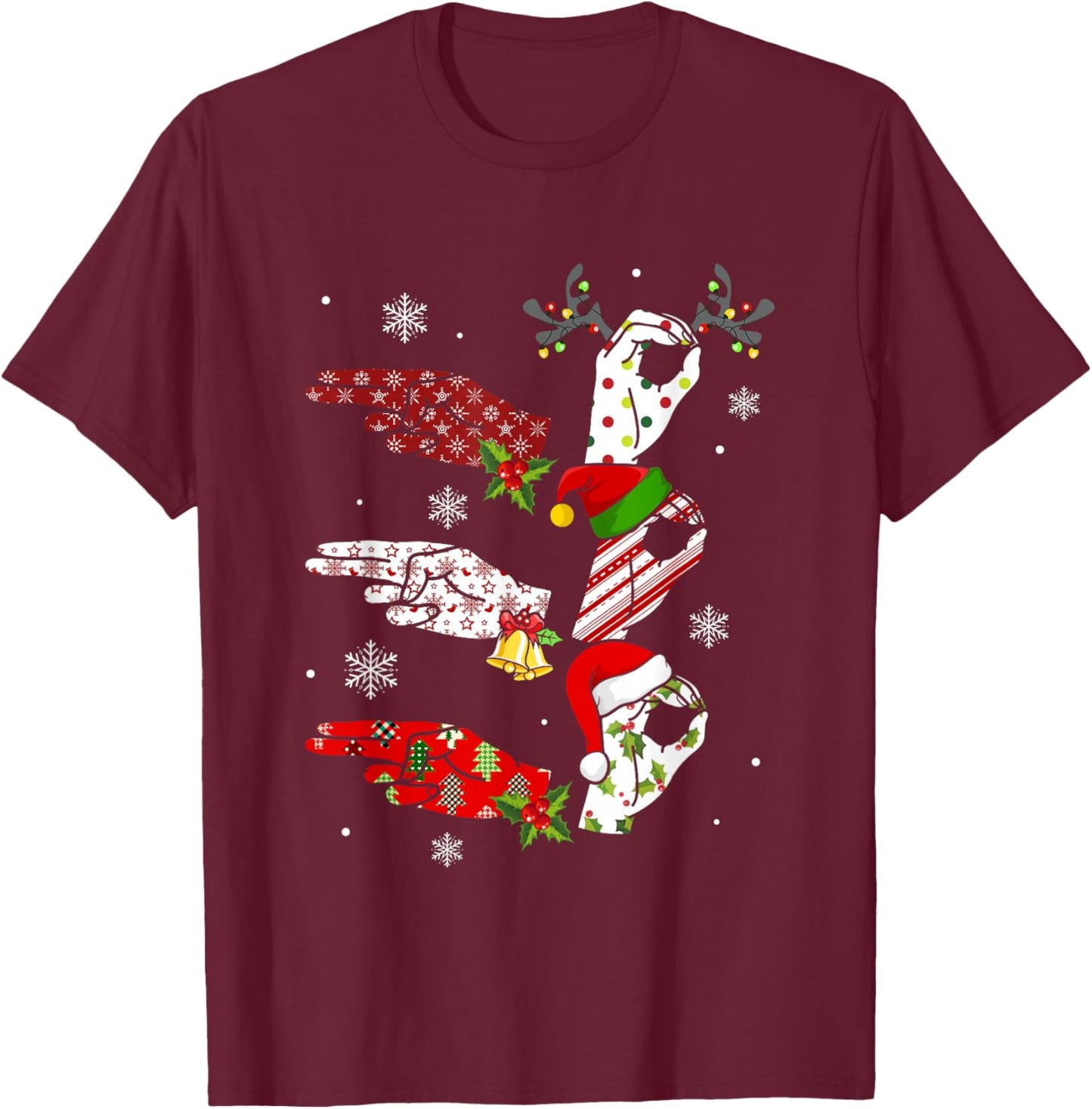 Ho Ho ASL Sign Language Deaf Pride Family Pajamas Christmas T-Shirt - T-Shirt | Maroon