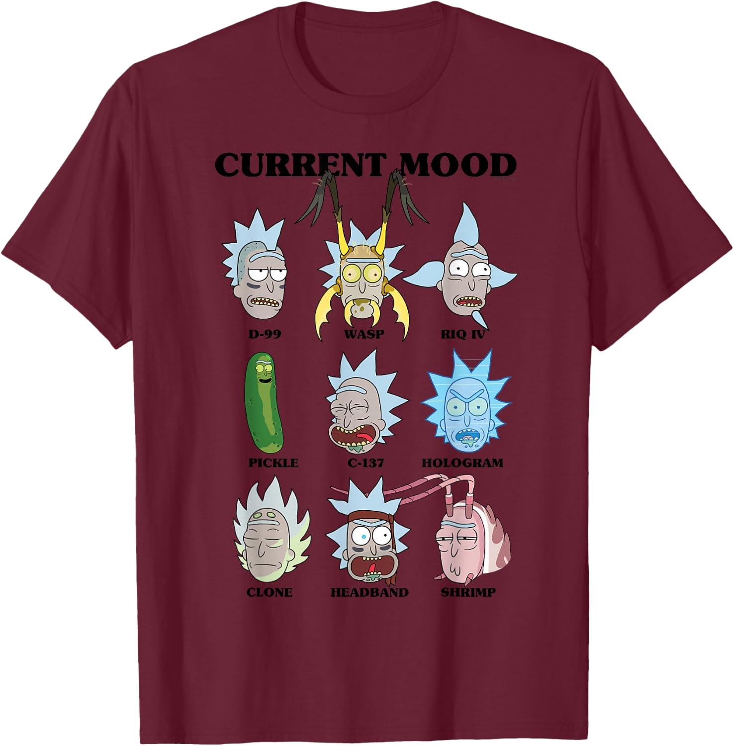 Rick and Morty Alternate Moods Adult Cartoon Fashion T-Shirt - T-Shirt | Maroon