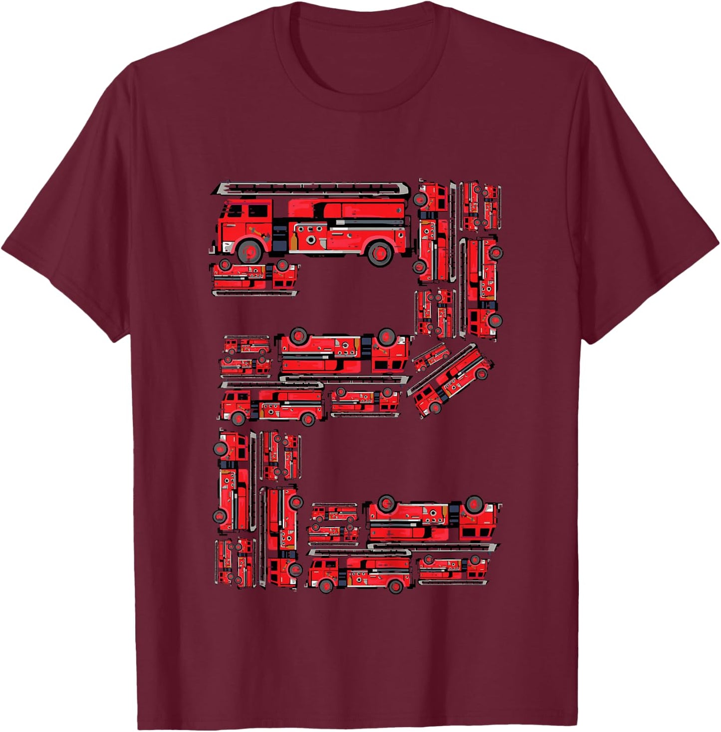 Kids 2nd Birthday Firetrucks 2 Years Old Bday Toddler Boys Kids T-Shirt - T-Shirt | Maroon