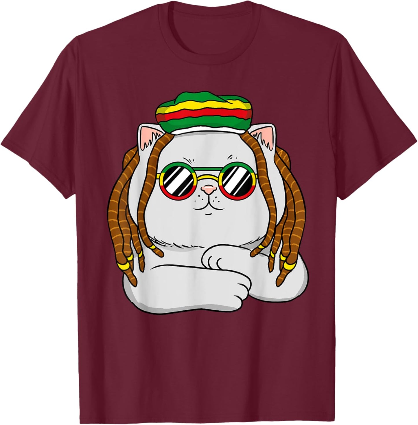 Rasta Cat Funny Kitten, Reggae Rastafarian Jamaican Pride T-Shirt - T-Shirt | Maroon