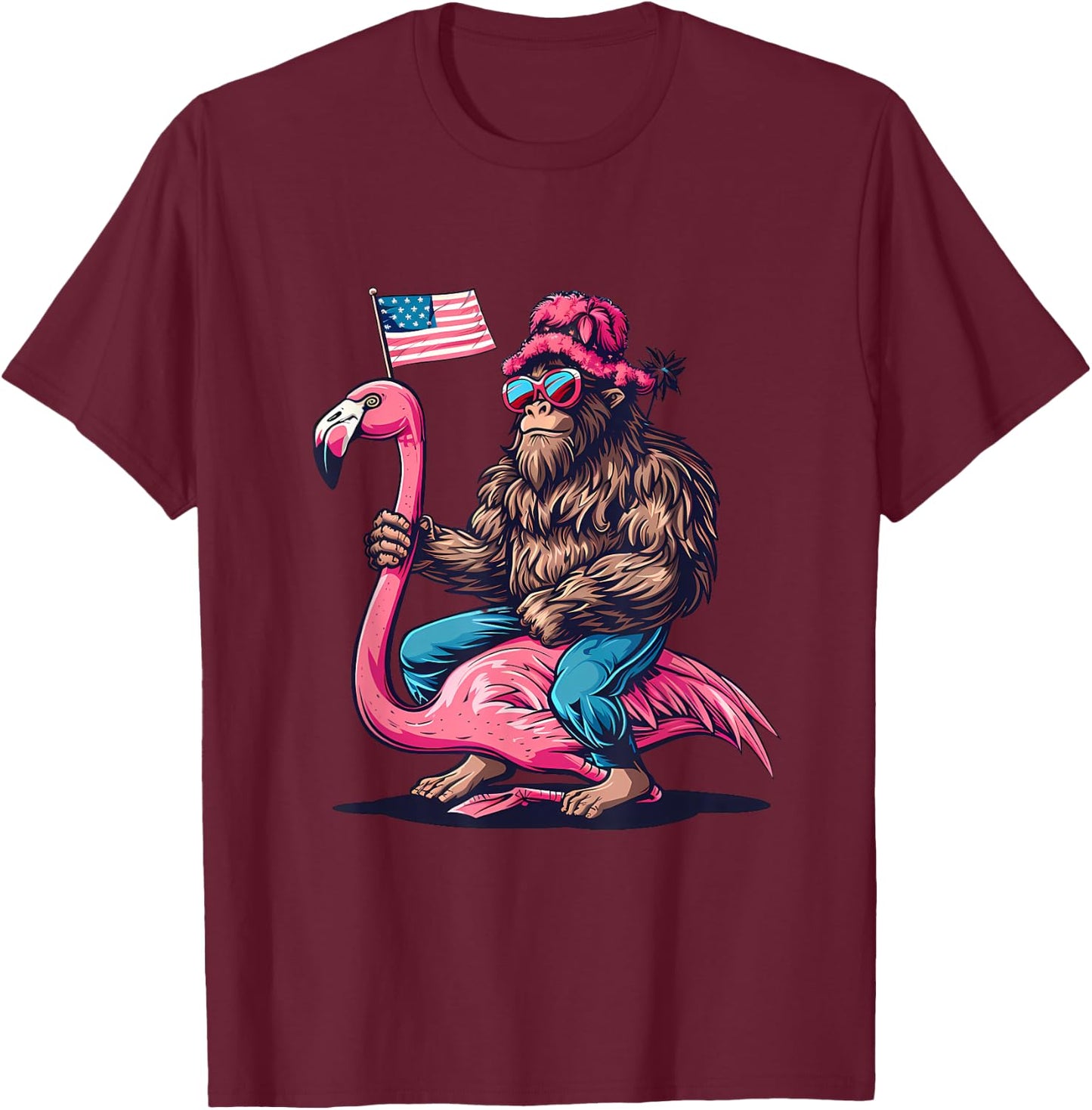 4th Of July Funny Bigfoot Flamingo American Flag USA T-Shirt - T-Shirt | Maroon