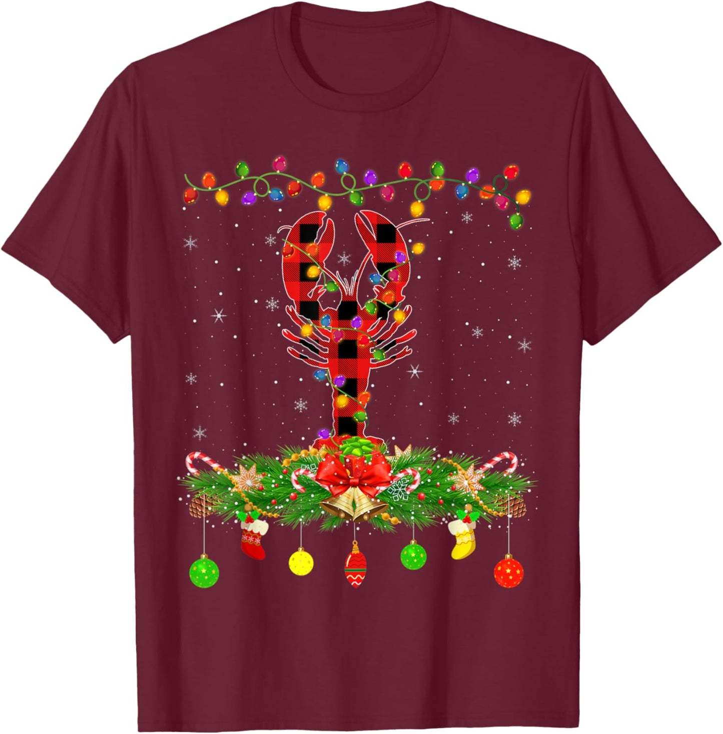 Funny Matching Buffalo Plaid Crawfish Christmas Pajama T-Shirt - T-Shirt | Maroon
