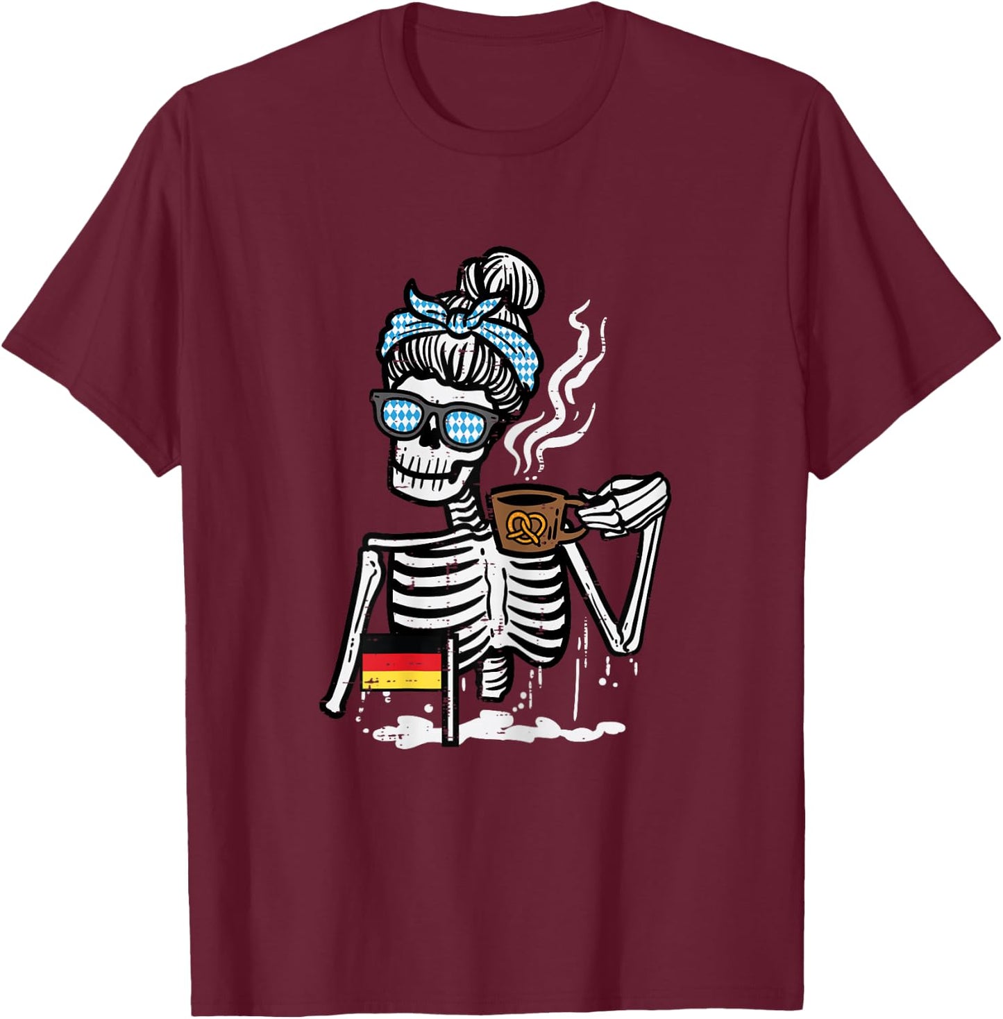 Oktoberfest Skeleton Messy Bun Coffee German Mom Women Girls T-Shirt - T-Shirt | Maroon