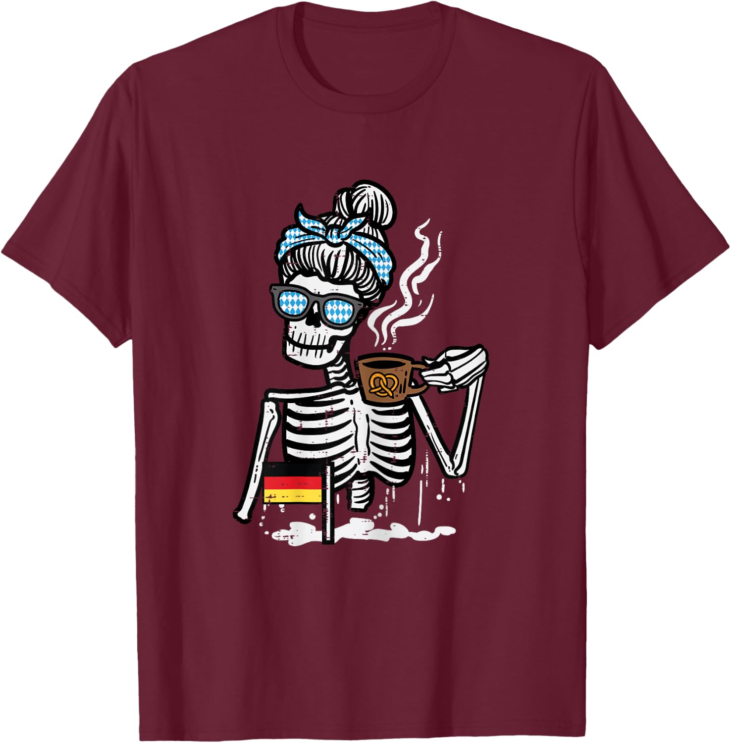 Oktoberfest Skeleton Messy Bun Coffee German Mom Women Girls T-Shirt - T-Shirt | Maroon