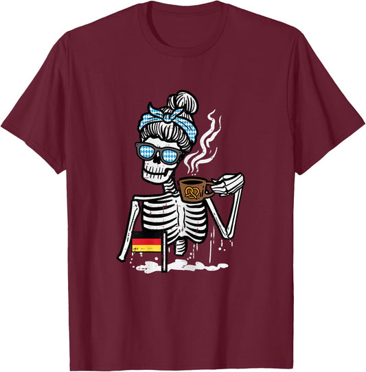 Oktoberfest Skeleton Messy Bun Coffee German Mom Women Girls T-Shirt - T-Shirt | Maroon