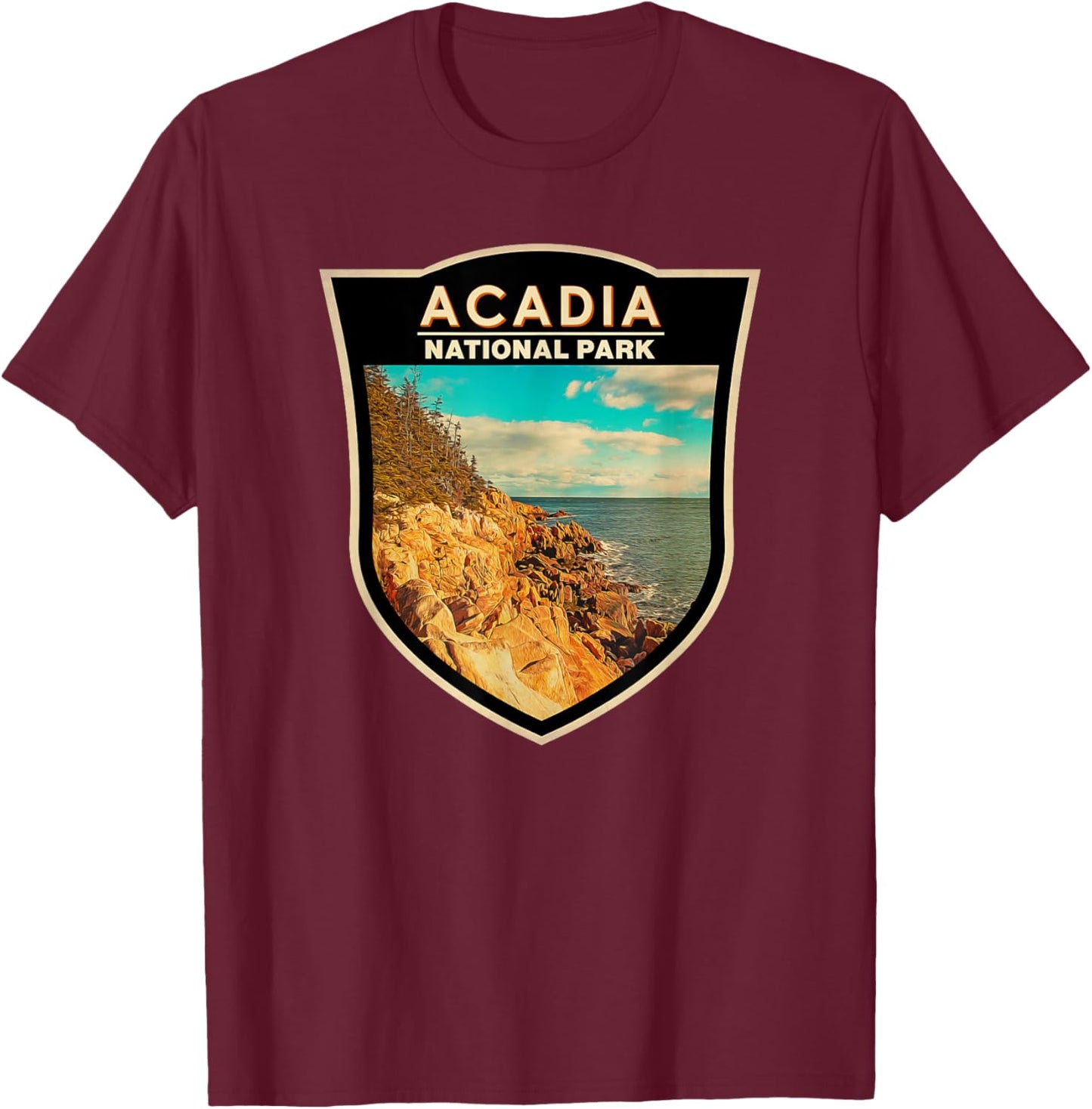 Acadia National Park Maine Bar Harbor Watercolor Badge T-Shirt - T-Shirt | Maroon