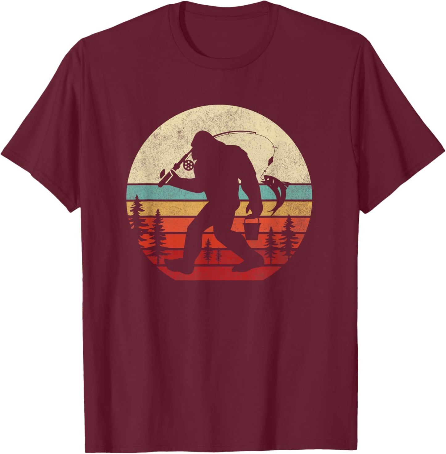 Bigfoot Fishing Funny Retro Sasquatch Dad Men Kids T-Shirt - T-Shirt | Maroon