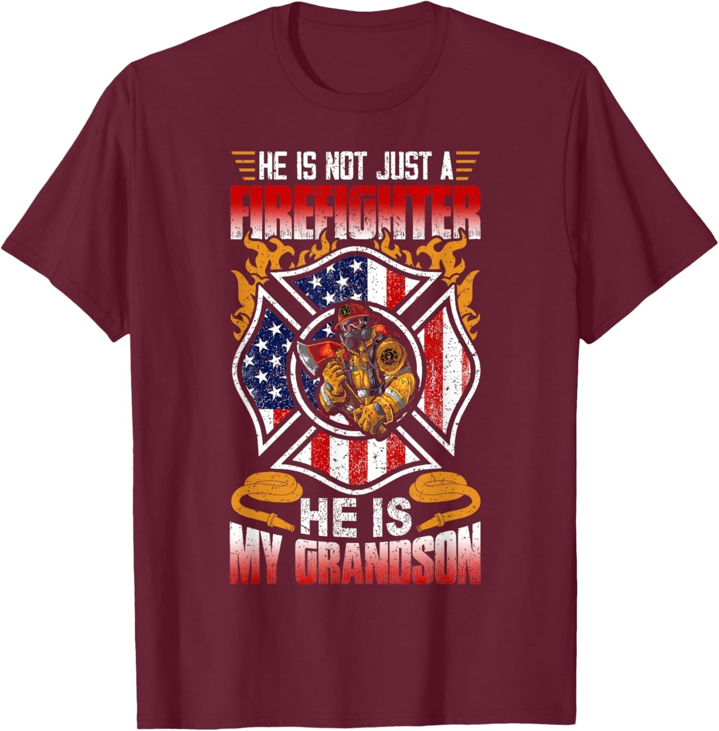My Grandson Is A Firefighter Proud Grandma Grandpa Gift T-Shirt - T-Shirt | Maroon