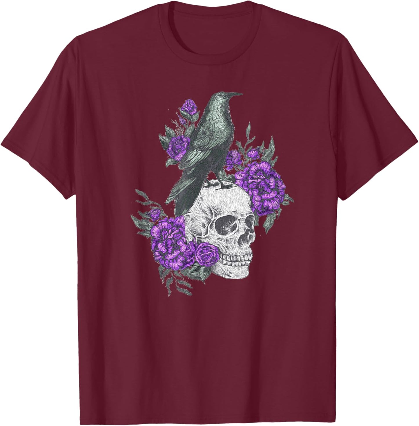 Vintage Sugar Skull and Crow Purple Rose Day of the Dead T-Shirt - T-Shirt | Maroon