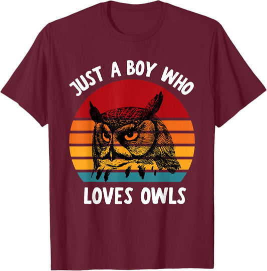Just A Boy Who Loves Owls Funny Kids Boys Baby Toddler 5T T-Shirt - T-Shirt | Maroon