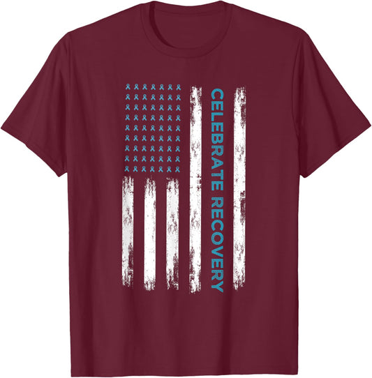 Drug Alcohol Addiction Recovery Celebrate Recovery USA Flag Women Men T-Shirt - T-Shirt | Maroon