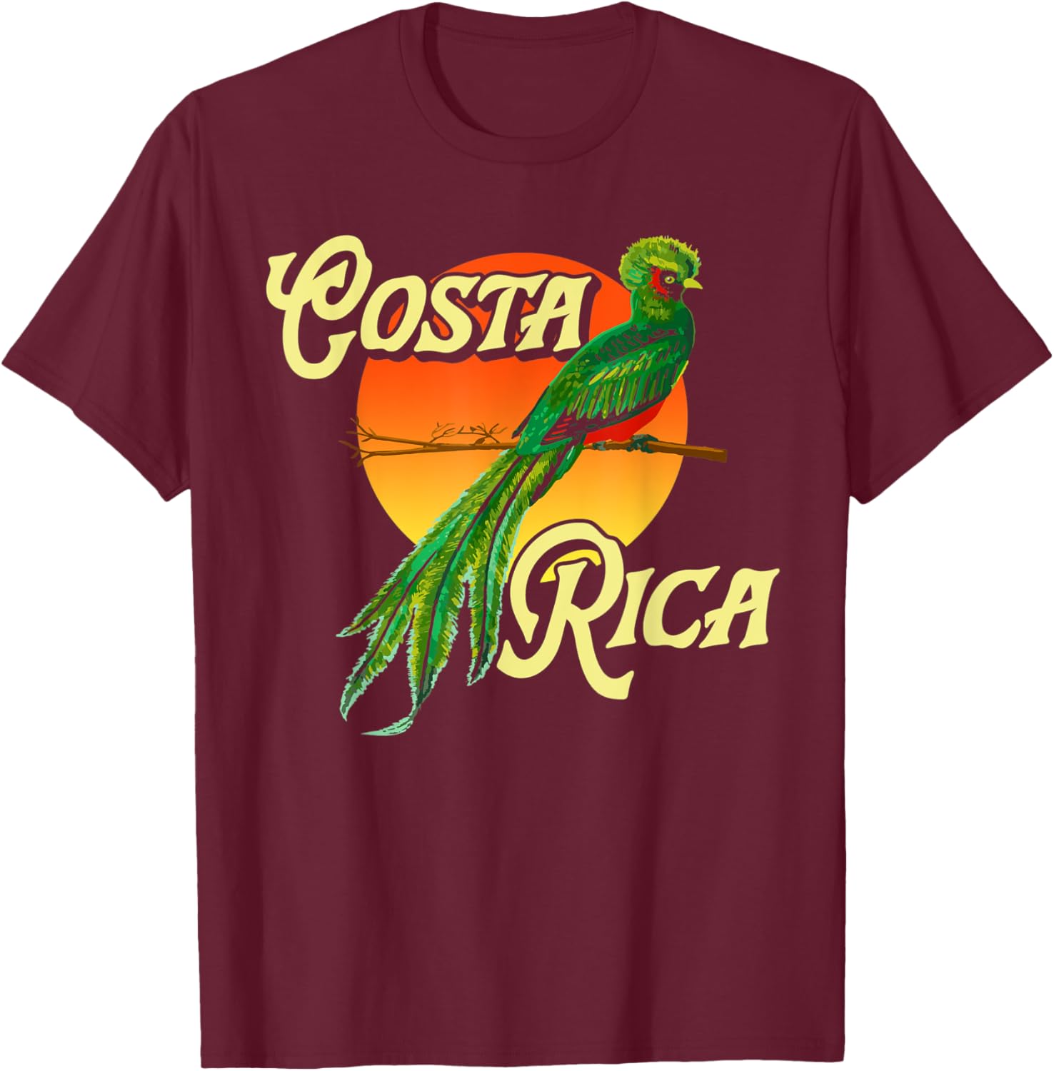 Costa Rica Resplendent Quetzal Bird Nature Sunset Retro T-Shirt - T-Shirt | Maroon