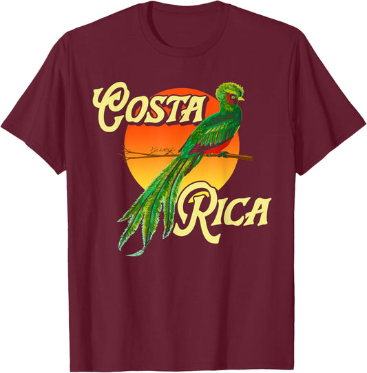Costa Rica Resplendent Quetzal Bird Nature Sunset Retro T-Shirt - T-Shirt | Maroon