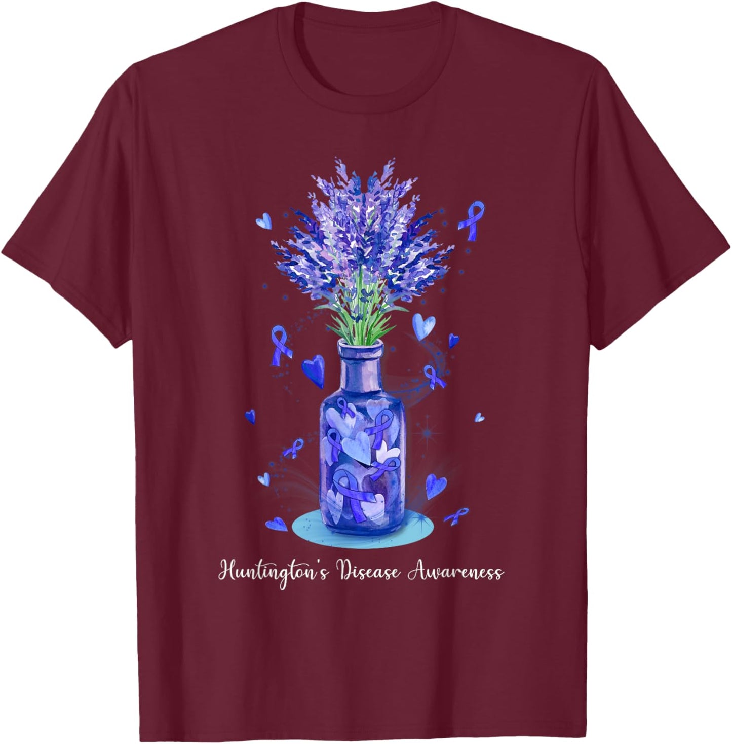 Floral Blue Ribbon Huntington's Disease Awareness T-Shirt - T-Shirt | Maroon