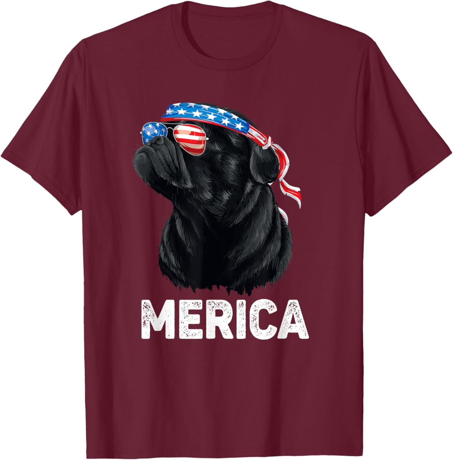 4th of July Dog Mom Dog Dad Merica USA Flag Funny Black Pug Women Kids Men T-Shirt - T-Shirt | Maroon