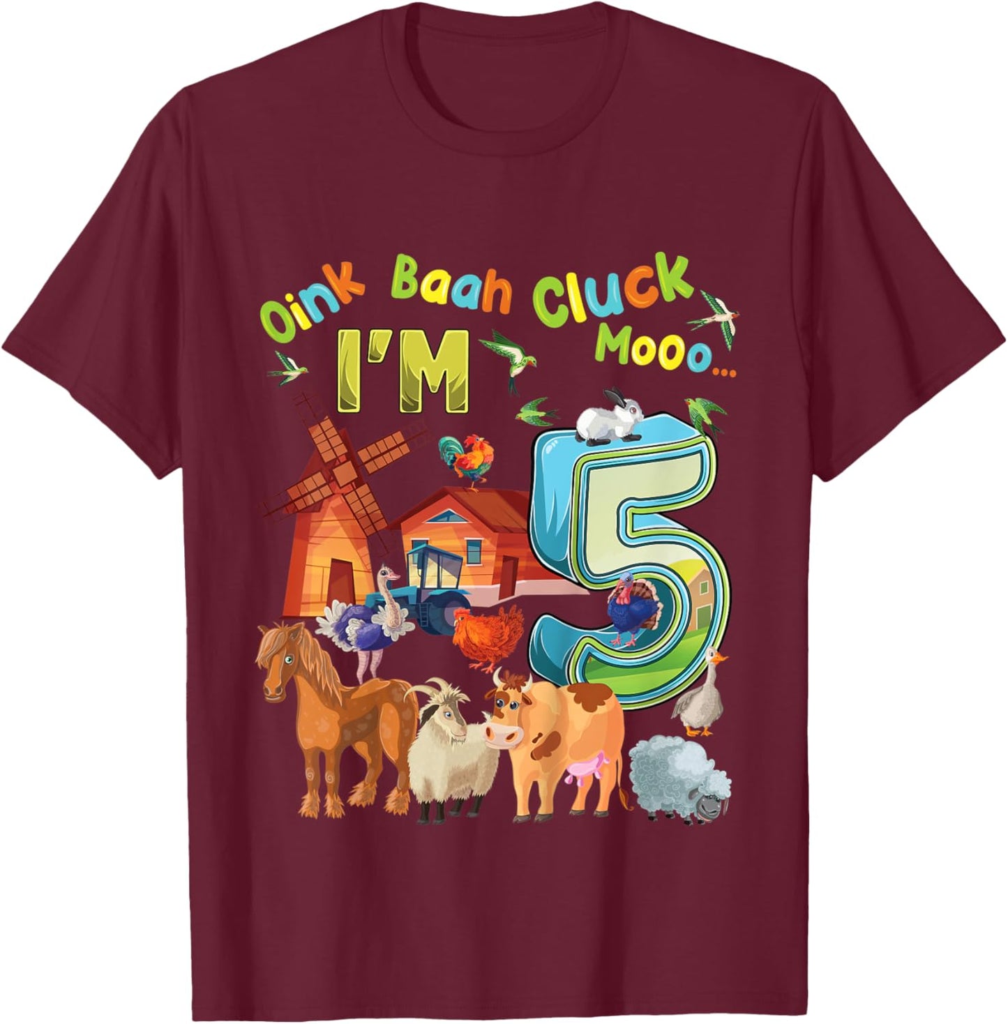 Kids Barnyard 5th Birthday Farm Animals 5 Years Old Farming T-Shirt - T-Shirt | Maroon