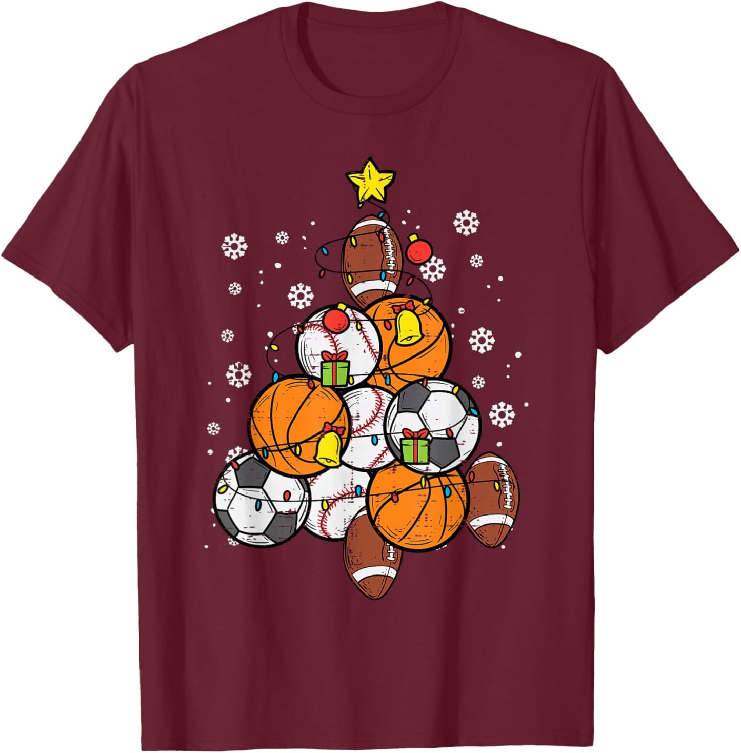 Sport Christmas Tree Football Soccer Baseball Basketball T-Shirt - T-Shirt | Maroon