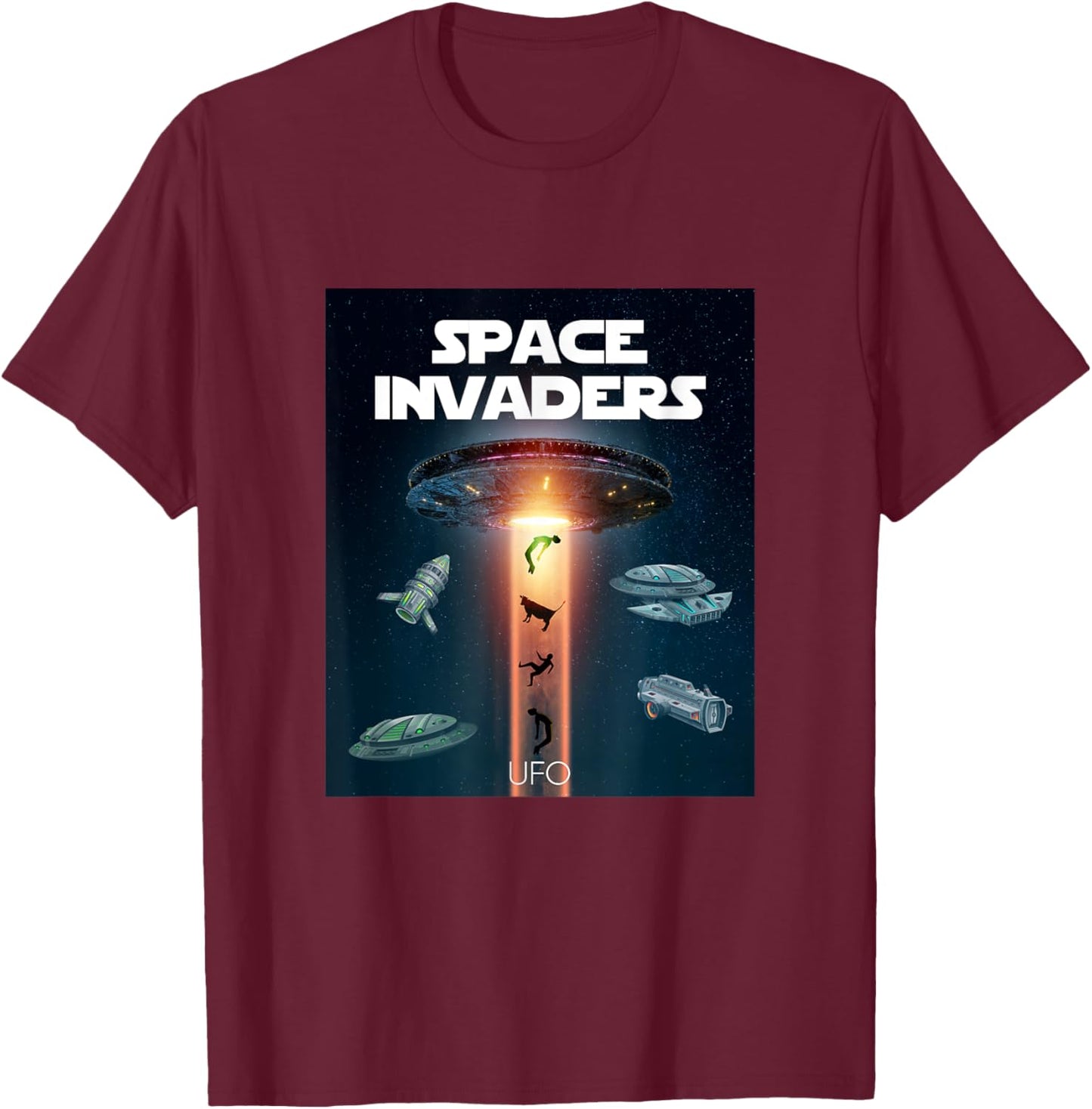Space Invaders With UFO Aliens Spacecrafts Graphic Designs T-Shirt - T-Shirt | Maroon