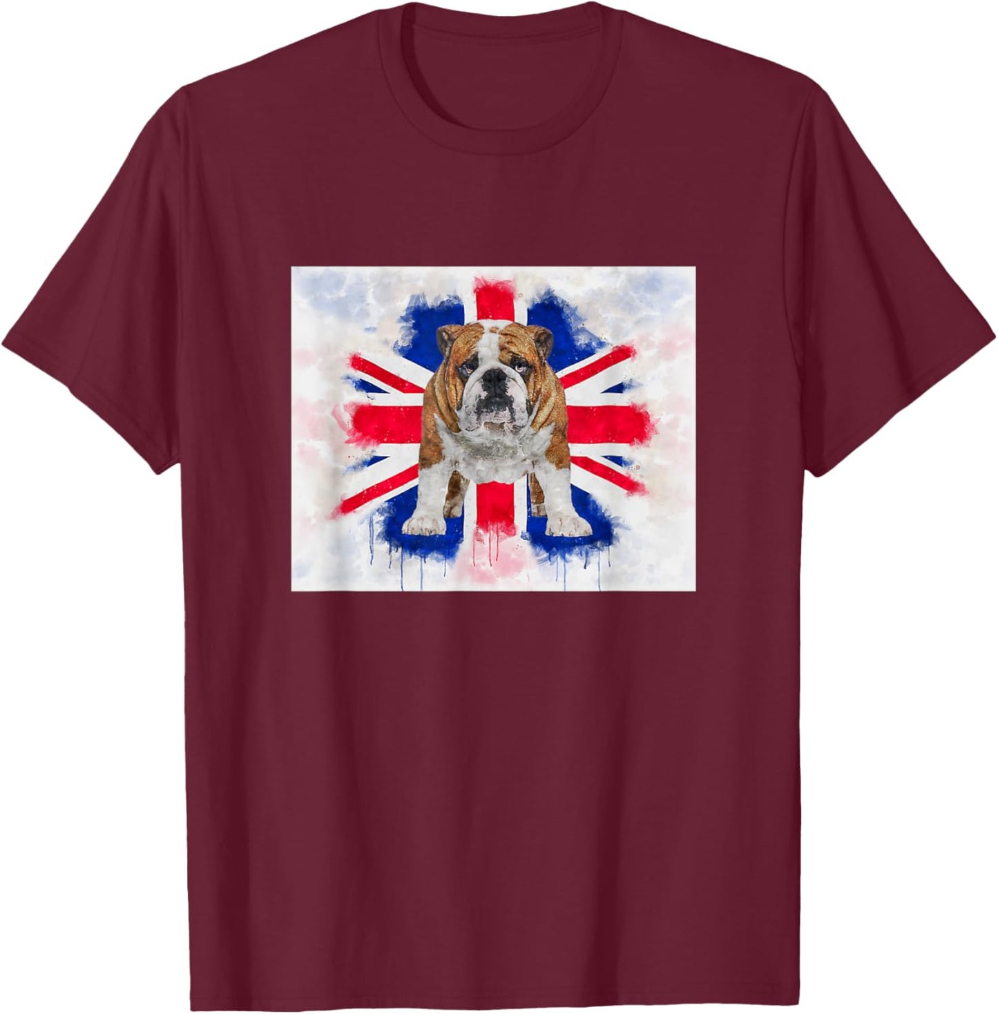 British Bulldog on Dripping Painted Union Jack Flag English T-Shirt - T-Shirt | Maroon