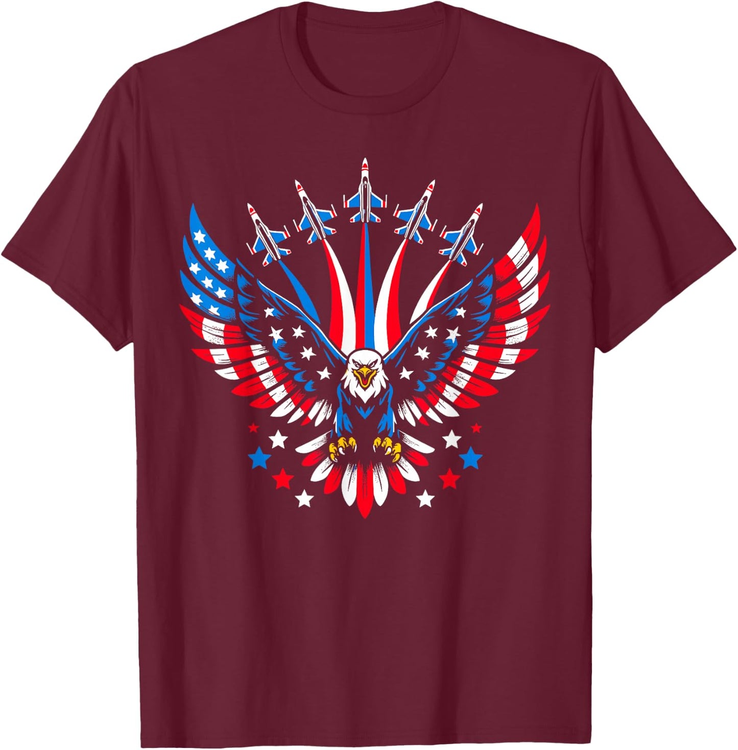 Eagle Patriotic Red Blue USA Flag Fighter Jets 4th of July T-Shirt - T-Shirt | Maroon