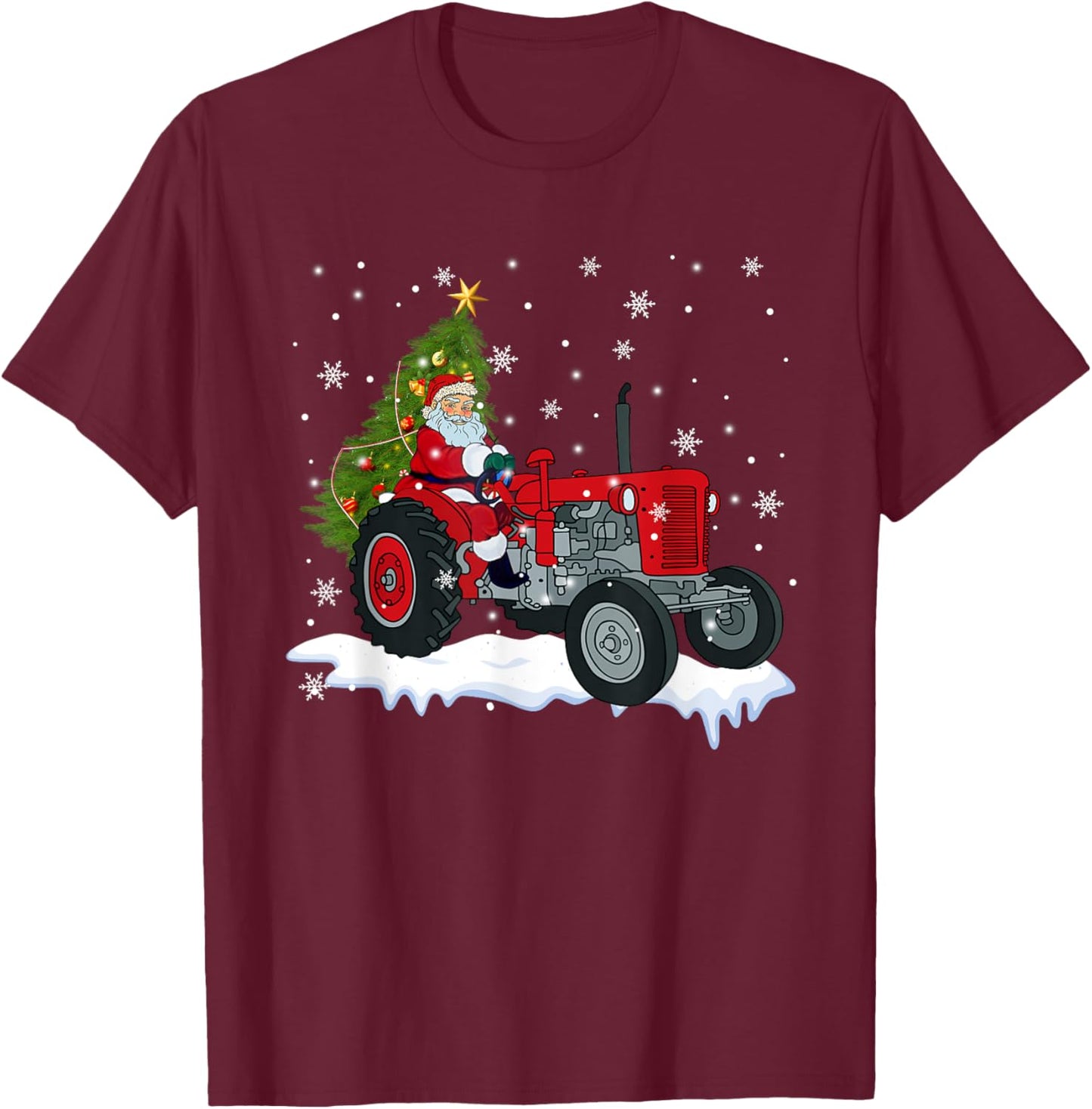 Christmas Santa Claus Riding Tractor Xmas Tree Tractor Lover T-Shirt - T-Shirt | Maroon