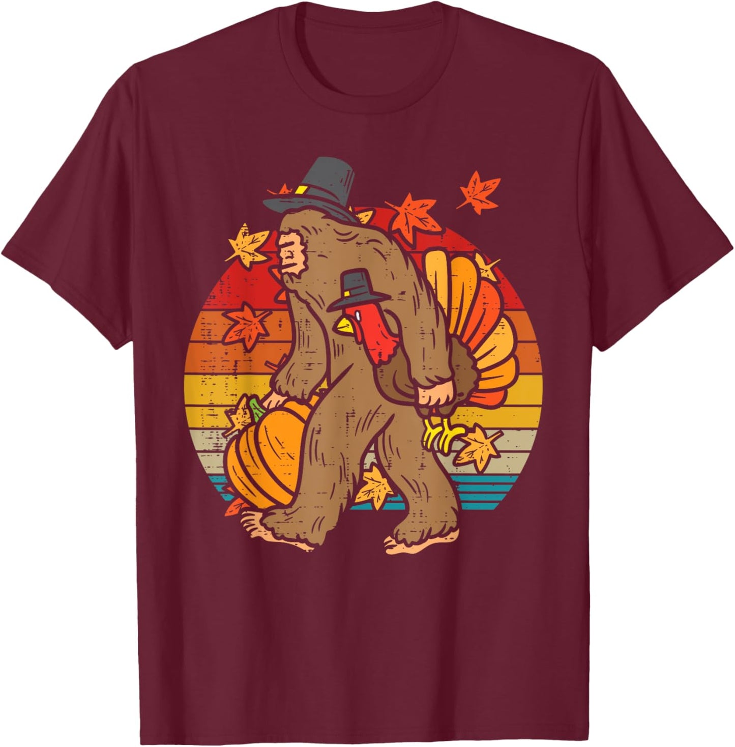 Pilgrim Bigfoot Turkey Retro Thanksgiving Sasquatch Men T-Shirt - T-Shirt | Maroon