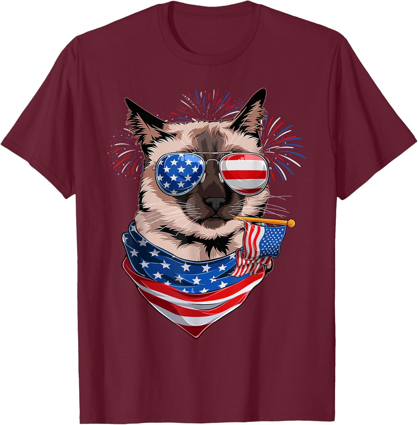 Funny Meowica Siamese Cat Lover Owner USA Flag 4th Of July T-Shirt - T-Shirt | Maroon